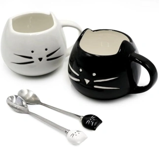 Koolkatkoo Cute Cat Mug Ceramic Coffee Mugs Set Gifts for Women Girls Cat Lovers Funny Small Cup with Spoon 12 oz Black and White …