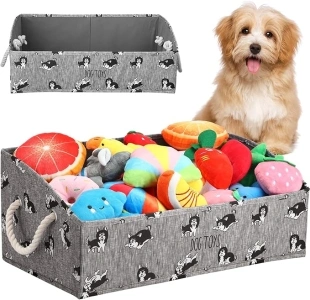 Honeydak Large Dog Toy Storage Bin Fabric Dog Toy Basket with Handle Collapsible Dog Toy Box Trapezoid Dog Stuff Organizer for Toys, Pet Toys, Blankets and Accessories, 19.7 x 11 x 8.3 Inch, grey