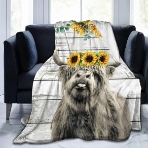 Highland Cow Blanket Sunflower Cow Pattern Flannel Throw Blanket Ultra Soft Highlander Animal Print Blankets for Kids Adults 80