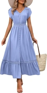 dowerme Women Summer Dresses 2024 Petal Sleeve V Neck Hallow Out Button Down Smocked A-Line Lace Flowy Slit Maxi Dress