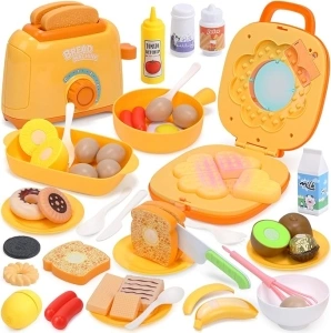 CUTE STONE Play Food Sets for Kids Kitchen, Play Kitchen Appliance Toy Set with Color-Changing Waffle Maker, Toy Toaster with Realistic Lights and Sounds, Play Food for Kids Ages 3+