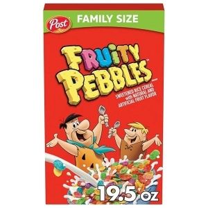 Post Fruity PEBBLES Cereal, Fruity Kids Cereal, Gluten Free Rice Cereal for Kids, 19.5 OZ Family Size Cereal Box