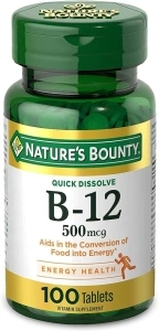 Nature's Bounty Vitamin B12, Supports Energy Metabolism and Nervous System Health, 500mcg, 100 Quick Dissolve Tablets