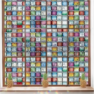 ConCus-T Stained Glass Window Film Rainbow Window Film Colorful Lattice Window Tint Rainbow Glass Decals Stickers Non Adhesive Anti-UV Privacy Film for Glass Door, 17.52