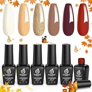 Beetles Fall Gel Nail Polish Set- 6 Colors Burgundy Red Brown Gold Glitter Gel Polish Wine Red Modern Retro Gel Nail Kit Soak Off Nail Lamp Uv LED Gift Nail Art DIY Home Fall Autumn Nails