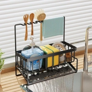 Sponge Holder for Kitchen Sink, Kitchen Accessories Sink Caddy Organizer, Auto-Drainage Sink Sponge Holder with Dish Soap Dispenser Rack Storage for Brush (Black Large)