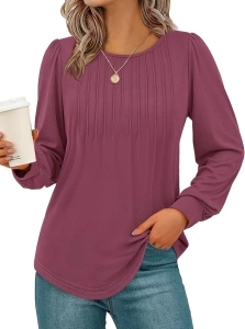 NALANISA Women's Puff Long Sleeve Tunic Tops Pleated Work Blouses Dressy Casual Loose Crew Neck T-Shirts Fall Fashion 2024