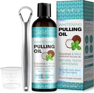 Coconut Oil Pulling with Peppermint Oil-Mouthwash for Oral Care-Helps with Fresh Breath, Organic Essential Oils Mouthwash with Tongue Scraper,Treatment for Gums-237ML