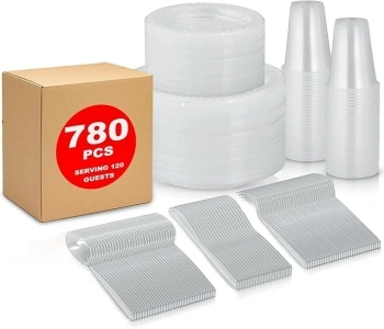 780 Piece Disposable Clear Tableware Set for 120 Guests By Framo - Microwavable Plastic Dinnerware Set of 120 9” Plates, 180 6” Dessert Plates, 120 9oz Cups,120 Spoons, Forks, Knives,