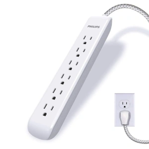 Philips 6-Outlet Surge Protector Power Strip, Braided Cord, 4ft Cord, White, Indoor, SPC3064WE/37