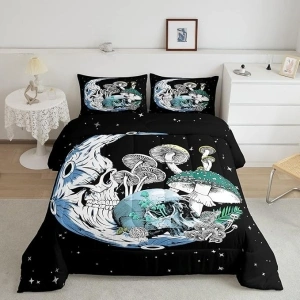 Castle Fairy Kids Mushroom and Moon Comforter Set Full Size,Gothic Skull Stars Space Bedding Comforters Room Decor,Mystical Galaxy Skeleton Plant Quilt Set with 2 Pillowcases,Teens Present