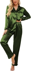 Ekouaer Women's Summer Classic Button Down Long Satin Silk Pajama Set