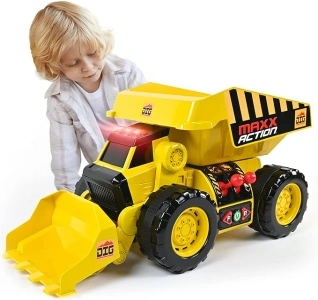 Sunny Days Entertainment 2-N-1 Dig Rig – Dump Truck and Front End Loader with Lights, Sounds and Motorized Drive, Yellow, Large