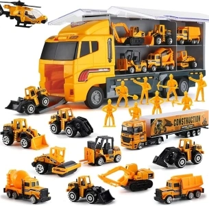 19 in 1 Construction Truck with Engineering Worker Toy Set, Mini Die-Cast Engine Car in Carrier Truck, Double Side Transport Vehicle Play for Child Kid Boy Girl Birthday Christmas Party Favors