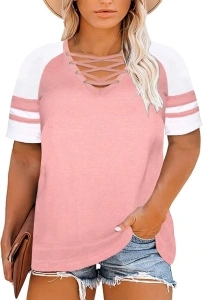 Happy Sailed Womens Plus Size Tunic Tops Summer Short Sleeve V Neck Striped Loose Casual Tee Shirt(1X-5X)