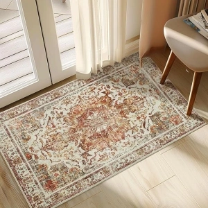 Entryway Rug - 2'x3' Boho Soft Low Pile Washable Area Rug, Non-Slip Small Rugs Indoor for Front Door Entrance Kitchen Bathroom, Vintage Carpet Stain Resistance (Khaki, 2x3ft)