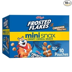 Kellogg's Frosted Flakes Mini Snax Crispy Cereal Snacks, Kids Snacks, Lunch Snacks, Cinnamon French Toast, 9.5oz Box (10 Pouches)