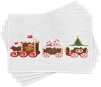 Ambesonne Christmas Place Mats Set of 4, Train Gingerbread Cream Candy Cartoon Toys Snowflakes Presents, Washable Fabric Placemats for Dining Table, Standard Size, White Brown