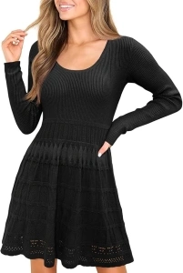 Wenrine Womens Long Sleeve Sweater Dress Knit Crochet Casual A Line Flowy Skater Mini Dresses