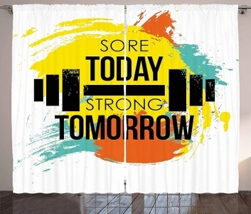 Ambesonne Fitness Curtains, Sore Today Strong Tomorrow Gym Words Typography Colorful Energetic Brushstrokes, Living Room Bedroom Window Drapes 2 Panel Set, 108