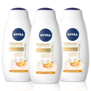 NIVEA White Peach and Jasmine Body Wash with Nourishing Serum, Pack of 3, 20 Fl Oz