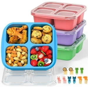 Bento Boxes - Lunch Box for Adults Kids 600ML 4-Compartment Lunch Container with Fork, Food Storage Containers for School, Dishwasher Micro-Wave Safe, 4 Pack (Bright color)