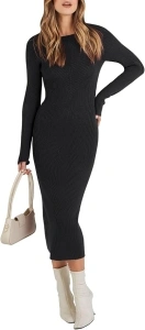 ANRABESS Women Long Sleeve Crewneck Sweater Dress Ribbed Knit Stretch Slim Fit Bodycon Midi Dresses 2024 Fall Outfits