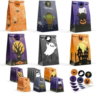 Halloween Treat Bags - 24 PCS Halloween Party Favors,Halloween Goodie Bags with Halloween Stickers for Kids | Trick or Treat Bags,Mini Paper Gift Basket- Halloween Decorations Crafts Party Supplies