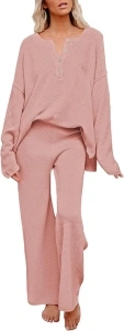 Viottiset Women's 2 Piece Outfits Sweatsuit Knit Long Sleeve Sweater Wide Leg Pants Loungewear