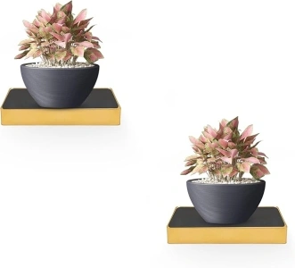 Small Floating Shelf, Square Gold Metal with Black Acrylic, Set of 2 Small Wall Shelves for Wall Décor (Medium 5.75)