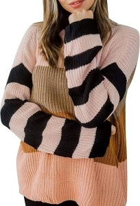 ZESICA Women's 2024 Fall Long Sleeve Crew Neck Striped Color Block Casual Loose Knitted Pullover Sweater Tops