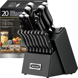 McCook® Black Knife Sets, German Stainless Steel Forged Kitchen Knives Block Set with Built-in Knife Sharpener