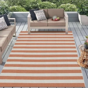 Striped Outdoor Rug 5x7 ft, Washable Cotton Woven Patio Rug, Reversible Large Outside Door Mats,Foldable Indoor Outdoor Rugs for Porch/Farmhouse/Living Room(Orange and White)