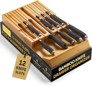 High-Grade 100% Bamboo Knife Drawer Organizer - 12 Knife Slots Plus a Sharpener Slot, Knife Organizer for Kitchen Organization, Durable, Secured, Practical, Eco-Friendly, Knife Block without Knives.