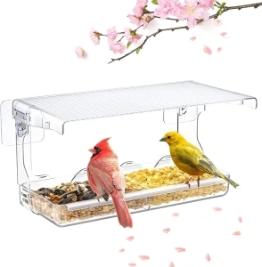 Window Bird Feeder for Outdoors, Clear Bird Feeders Window Mounted with Self-Adhesive Hooks, Outside Wild Bird Watching for Hummingbird,Finch in Garden, Yard, Elderly Kids Viewing