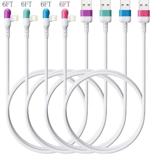 Lightning Cable 6FT 90 Degree Right Charging Cord 6ft Colors iPhone Charger 4Packs Apple MFi Certified for Apple Charger iPhone 14 13 12 11 SE Xs XS Pro Max XR X 8 7 6 Plus iPad iPod