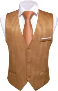 Barry.Wang Mens Formal Suit Vest Striped Casual V-neck Slim Fit Solid Color Waistcoat for Wedding Party Tuxedo