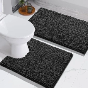 Yimobra Toilet Rug U-Shaped Set 2-Piece, Soft Absorbent Quick-Dry Contour Bathroom Rugs for Toilet, Machine-Washable, Toilet Bath Mat, Non-Slip, Bath Rugs for Bathroom, 32x20 + 24x20, Black