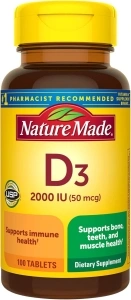 Nature Made Vitamin D3 2000 IU (50 mcg), Dietary Supplement for Bone, Teeth, Muscle and Immune Health Support, 100 Tablets, 100 Day Supply