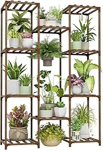 Bamworld Plant Stand Indoor Outdoor Tall Plant Shelf for Multiple Plants Pots Wood Flower Stand Large Flower Holder for Living Room, Patio, Balcony, Garden Decor, Brown