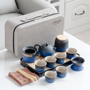 LURRIER Gongfu tea sets, Portable Ceramic TeaSet, Asian Tea sets for adult, Tea Gift sets, Grey leather case, Portable Travel Bag,Home,Gifting,Outdoor and Office(XBlack and Blue)