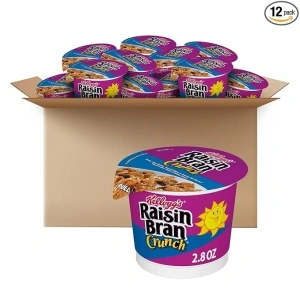 Kellogg's Raisin Bran Crunch Breakfast Cereal Cups, Fiber Cereal, Made with Real Fruit, Original, 33.6oz Case (12 Cups)