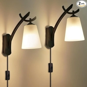 Frideko Plug in Wall Sconces Set of 2 Wall Lamp with Plug in Cord Black Wall Sconce with Milky White Glass Shade Modern Wall Light Fixture Indoor Sconces Wall Lighting for Living Room Bedroom