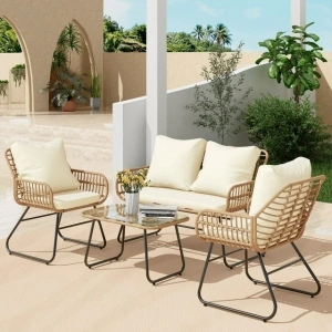 Bifanuo 4-Piece Rattan Patio Furniture Set, All-Weather Bistro Conversation Loveseat, Chairs, and Table Set for Outdoor Living Spaces, with Cushions and Metal Table