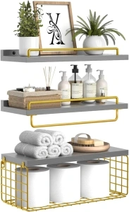 Bathroom Shelves, Floating Shelves Over Toilet Paper Holder, Wall Mounted Rustic Wood Storage Basket Shelves for Bedroom, Living Room & Kitchen, Set of 3 (Grey and Gold)