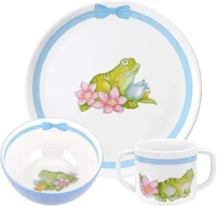 Portmeirion Botanic Garden 3-Piece Dinner Set | Terrace Collection | Dinnerware Set, Cup, Bowl, and Plate | Blue, Frog Motif | Made of Melamine | Dishwasher Safe