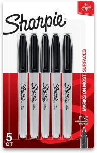 Sharpie Permanent Markers Set, Quick Drying And Fade Resistant Fine Tip Marker For Wood, Plastic, Paper, Metal, And More, Drawing, Coloring, And Poster Marker , Black, 5 Count