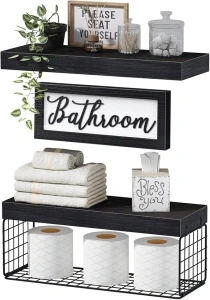 QEEIG Bathroom Shelves Over Toilet Paper Storage Wall Mounted Farmhouse Decor Decorations Aesthetic Décor Sign Small Floating Wall Shelf 2+1 Set 16 inch, Black (020B)