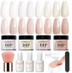 AZUREBEAUTY Dip Powder Nail Kit Starter, All Season Nude Skin Pearlescent Shell Glitter 4 Colors Dipping Powder Liquid Set Recycling Tray with Base & Top Coat Activator for Salon Home DIY Manicure