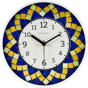 10'' Mosaic Small Wall Clock Glass Silent Non-Ticking Analog Living Room Decor Office Unique Pattern Zigzag Yellow Blue CLK001